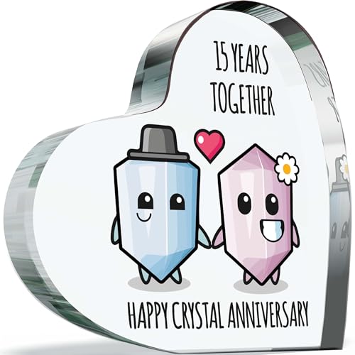 15th Anniversary Plaque Gifts for Wife Husband - Happy Crystal Anniversary - I Love You Romantic Acrylic Heart Gift For Women Men 100mm x 100mm Present For Couples Fifteenth Wedding Anniversaries