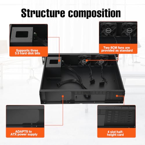 Gabinete para servidor 2U, chasis rackmount de PC, caja para servidor, profundidad de 13,78 pulgadas | compatible con placas base Mini ITX y Micro ATX (9,6 x 9,6 pulgadas), soporta 3 discos duros de 3,5 pulgadas o 2 de 3,5 pulgadas + 1 SSD de 2,5 pulgadas miniatura 3