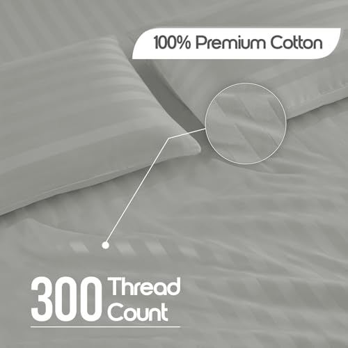 Image of LINENWALAS Cotton 300 Thread Count Single Size Bedsheet Set | 2 cm Sateen Stripe Design | Cloud-Soft, Breathable & Skin-Safe |Oeko-TEX Certified Hotel-Style Bedding (60 x 90, Silver Grey)