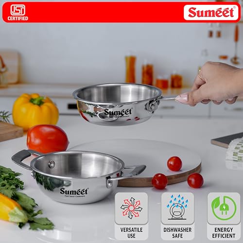 Image of Sumeet Cook Smart ISI Certified Tri-Ply (Steel - Aluminium - Steel) Set of 2 Pcs Mini Kadai 370ml - FryingTadka Pan 400ml with Silicon Grip | Induction and Gas Friendly | 2.5mm Thick, Silver