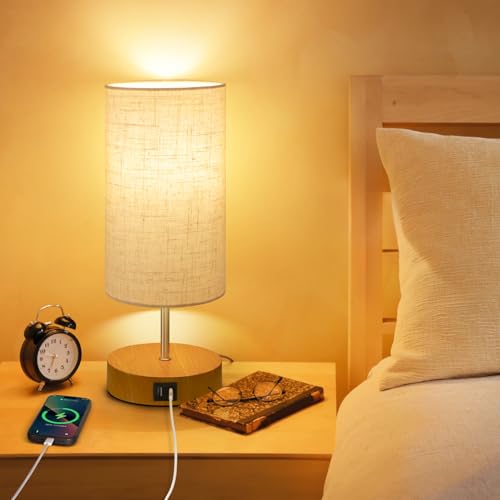 OUTON Table Lamp, Touch Control Small Bedside Lamps with USB A+C Charging Port, Memory Function, Stepless Dimmable Table Lamp for Living Room, Bedroom, 9W 2700K LED Bulb Included