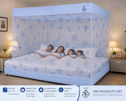 Image of ANS Premium Hanging Mosquito Net for Bed | XXL 6.5 x 10 ft | Blue Floral Design | Fine Mesh Protection | Free Air Flow | Cotton Border | Ideal for Large Size Bed & Joint of Single & Double Bed