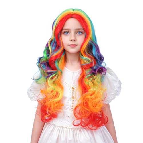 Ufindcos Girls Rainbow Wig Long Curly Wavy Colorful Wig Multi-color Wigs
