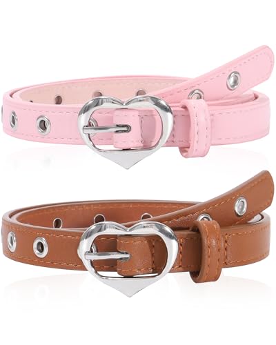 Kajeer Kids Belt for Girls,2 Pcs Leather Belt PU Durable Hollow Heart Buckle Grommet Youth Toddler Belt for Uniform Casual