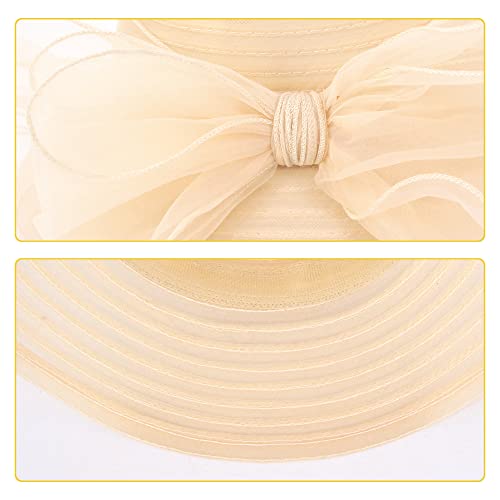 Haoohu Women's Church Derby Hat Wide Brim Bow Bucket Hat Wedding Dress Hat Fascinator Bridal Tea Party Hat Beige #TOP5