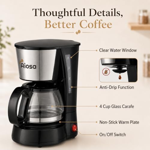 Aiosa 4 Cup Mini Drip Coffee Maker, Reusable Filter, Keep Warm, Anti-Drip - 2