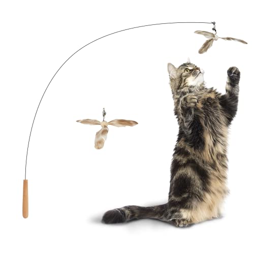 Image of FUKUMARU Cat Wand Toy, 35.5 Inch Cat Feather Propeller Toy with Bell, Steel Wire Cat Toy for Indoor Cats with Natural Feather