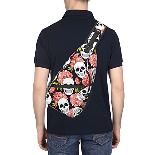 Yrebyou Skull And Flower Chest Sling Bag Crossbody Backpack Travel Hiking Casual Daypack For Women Men Multipurpose Lightweight Fashion Shoulder Bag For Biking Climbing #TOP4