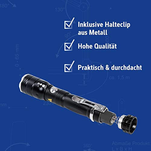 MAUL LED-Taschenlampe luna – robuste und outdoor-taugliche LED Taschenlampe inkl. Halteclip aus Metall – Stabtaschenlampe mit langer Leuchtdauer und Spritzwasserschutz (IPX4) – schwarz