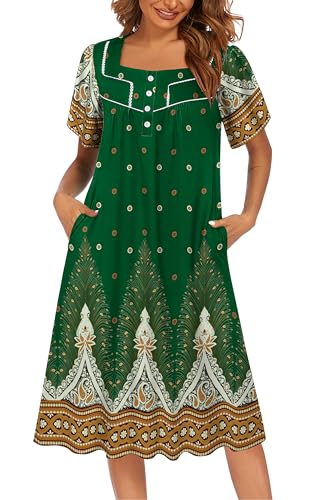 Image of Ekouaer Women's House Dress with Pocket Button Mumus | Short Sleeve Nightgown, Floral Print Mumu Dresses, Square Casual Sleepwear, Boho Roomy Housecoat, Plus Size Soft Sleepwear