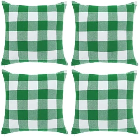 Cootato St. Patrick's Day Pillow Covers - Set of 4 Buffalo Green and White Plaid Throw Pillow Covers, 18 x 18 Inches Cotton Pillow Cover Farmhouse Cushion Case for Sofa Couch Home Decor