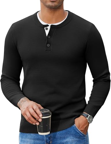 COOFANDY Men's Henley Sweater Long Sleeve Textured Pullover Sweaters Casual Button Crewneck Knit Sweater
