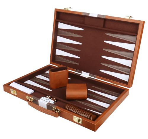 Backgammon Set - Classic Board Game with Premium Leather Case - Portable Travel Strategy Backgammon Game Set for Adults, Kids (11inch, Brown)