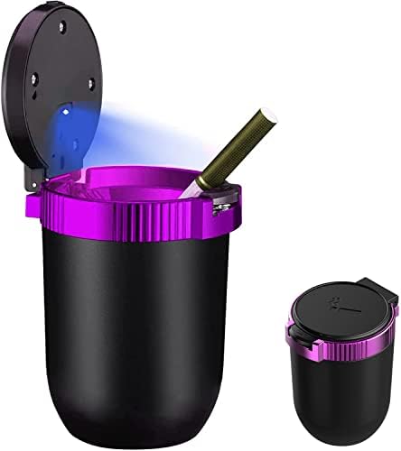 Car Ashtray With Lid Smell Proof,Portable Ashtray for Car,Easy Clean Up Detachable Stainless Car Ashtray with Lid Blue Led Light for Most Car Cup Holder (Purple)