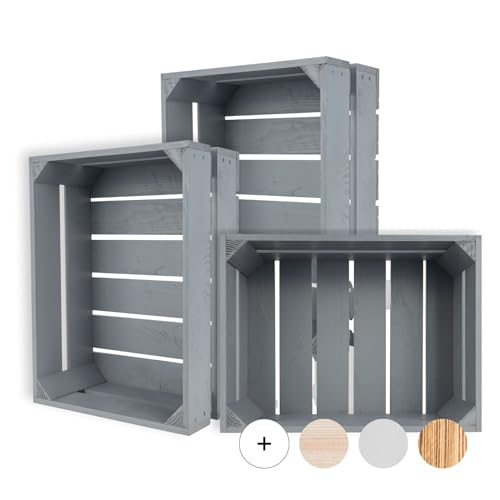 Creative Deco 3 x Holzkiste Grau | 40 x 30 x 15 cm | Weinkisten Set Obstkiste Holz | Geschliffen Vintage Holzbox Kiste | Perfekt als Deko Geschenkkorb leer Spielzeugkiste Aufbewahrungsbox