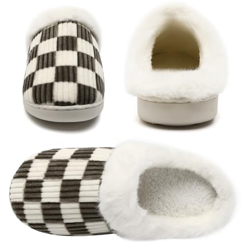Image of Yueerlu House Slippers for Women Men, Fuzzy Checkered Mens Womens Slippers Warm Memory Foam House Shoes Indoor Outdoor with Faux Fur Lining