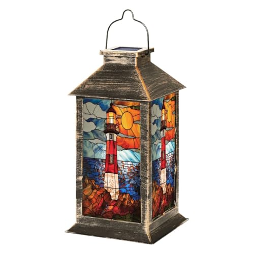 Solar Lantern Coastal Lighthouse Stained Glass Hanging Ornament Outdoor Garden Hanging Lantern Waterproof Solar Powered Lighting Outside Table Lamp for Patio Deck Yard Camping Nautical Decor