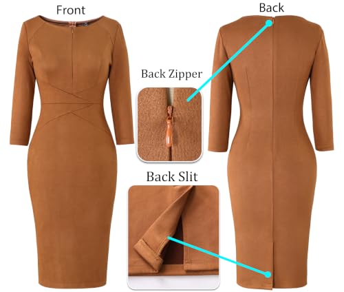 Image of VFSHOW Womens Work Business Office Zipper Up Slim Bodycon Sheath Dress | 3 /4 Sleeve, Crew Neck, Front Zipper, Crisscross Waist, Church Spring Fall Pencil Dress