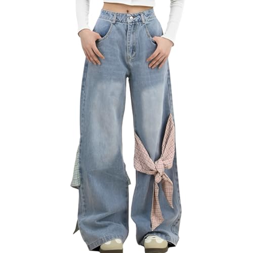Fashion Straight High Waisted Wide Leg Jeans Casual Y2K Gradual Plaid Bow Tie Patchwork Denim Pants