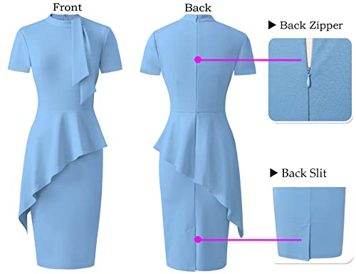 Vfshow Womens Light Blue Bow Tie Neck Asymmetrical Peplum Slim Cocktail Work Business Office Party Bodycon Pencil Sheath Dress 9341 Blu M #TOP5