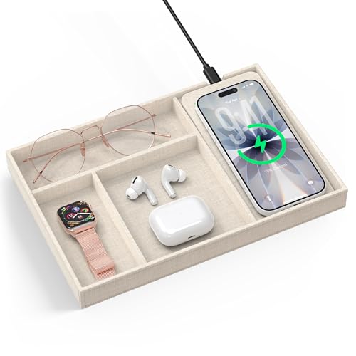 Valet Tray with Wireless Charger Nightstand Organizer & Catchall Tray for Phone Keys Glasses and Accessories Premium Linen Stylish Desk & Bedside Storage Station