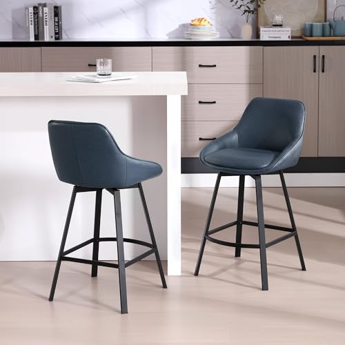 Image of Zesthouse Swivel Bar Stools Set of 4, 26 inch Modern Counter Height Bar Stools with Low Backs, Upholstered Faux Leather Bar Chairs for Kitchen Counter, Blue Island Chairs with Metal Legs