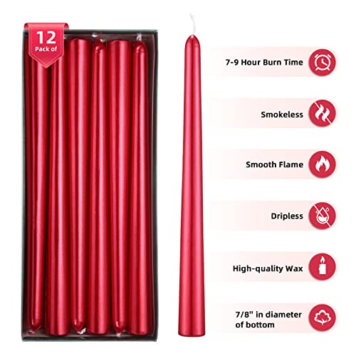 10 Inch Taper Candles, 12 Pack Tall Unscented Dripless Candles With Cotton Wicks Perfect For Dinner, Party, Wedding Or Farmhouse Decor, 7-9 Hour Burn Time- 7/8" Base (10 Inch/Glossy, Red) #TOP4