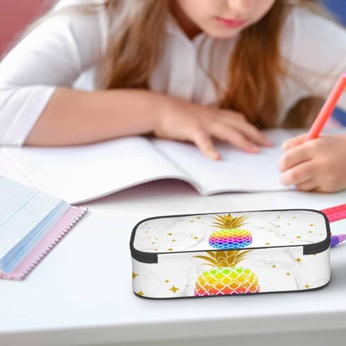 Image of White Marble Pencil Holder Bag Pineapple Fruit Gold Stars Pencil Case College Office School for Teens Boy Girl