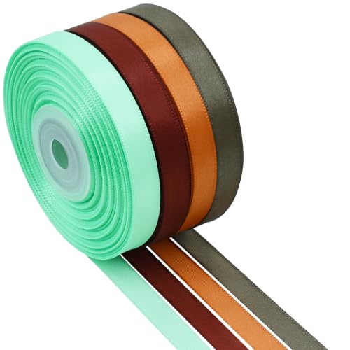 TONIFUL 3/8 Inch Thanksgiving Fall Ribbon 4 Rolls 100 Yards Orange/Brown/Sage Thin Satin Ribbon for Gift Wrapping Crafts Wreath Bows Autumn Harvest Festival Decoration (25Yd/Roll)