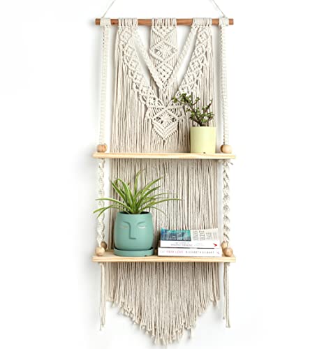 INOVA TYMES Macrame Wall Hanging Shelf - Boho Shelves Bedroom Decor | Macrame Wall Decor for Kitchen, Plant Hanger Shelves, Woven Rope Floating Shelves & Home Storage Organizer - 2 Tier