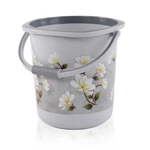 Image of Heart Home 18 Ltr Plastic Bucket for Bathroom | Sturdy and Easy Grip Handle | Big Bucket for Bathing | Water Storage Bucket for Home | Bathroom Bucket Shower | Floral Print - Grey