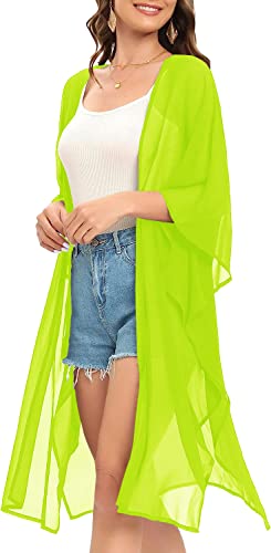 Image of Indian Trendy Women's Solid Puff Sleeve Kimono Long Cardigan Loose Cover Up Casual Blouse Top Chiffon