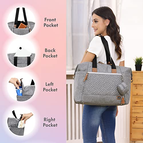 Dikaslon Diaper Bag Tote, Large Travel Diaper Tote For Mom And Dad, Multifunction Baby Tote Bag For Boys And Girls With Pacifier Case And Changing Pad, Grey #TOP4