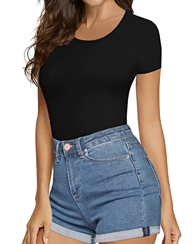 Mangopop Women's Round Collar Clothing Short Sleeve Long Sleeve Tops T Shirt Bodysuit (A Short Sleeve Black, X-Large) #TOP2