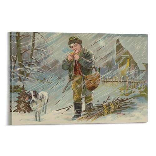 Christmas Man with Dog in Snow Lighting Pipe by A Fence Canvas Wall Art Prints Poster Photo Picture Painting Posters Room Decor Home Decorative 08x12inch(20x30cm)