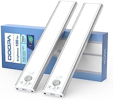 Doopa Under Cabinet Lights, 8 Inch Motion Sensor Light Indoor, 31-LED Battery Operated Lights (7000K), Under Counter Lights for Kitchen, Wardrobe, Cupboard (2 Pack)