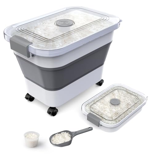 Rice Storage Container, Collapsible Airtight Food Storage Containers 20-30lbs with Clear Lid and Wheels, Rice Dispenser with Scoop for Flour Cereal Pasta Grain, Cat Pet Bird Dog Food Storage Container