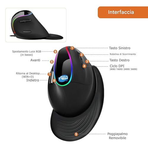 Ratón vertical ergonómico SIMPLETEK contra el dolor de muñeca con cable USB y RGB negro 4