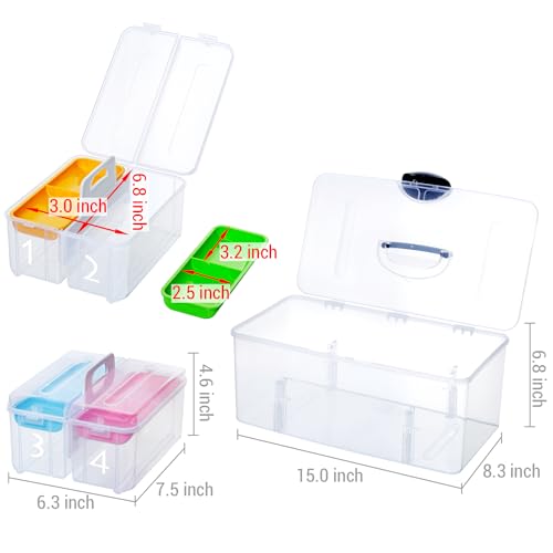 Image of MyGift 15 Inch Clear Stackable Utility Storage Bin, Arts and Crafts Organizer, Sewing Supplies Carrier with 2 Detachable Cases, 4 Multicolored Sorting Trays