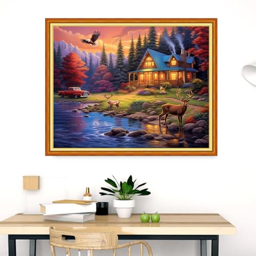 Image of Dimensean Stamped Cross Stitch Kits Full Range of Embroidery Patterns Starter Kits for Beginners Adult DIY Cross Stitches Needlepoint Kits 11CT-Night View by the Lake 16x20 inch