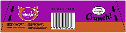 Whiskas Crunch für Katzen - Köstlicher Katzensnack mit Hühnchen-, Truthahn- und Entengeschmack - Für jede Altersklasse geeignet - 5er Vorratspack à 100g Cover