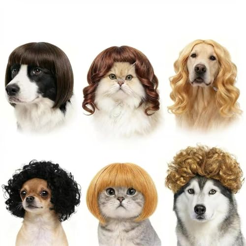6 Pack Funny Cat and Dog Wigs Soft Pet Cosplay Costume with Adjustable Straps for Halloween Christmas Party Dress-Up Ideal Gift for Pet Lovers