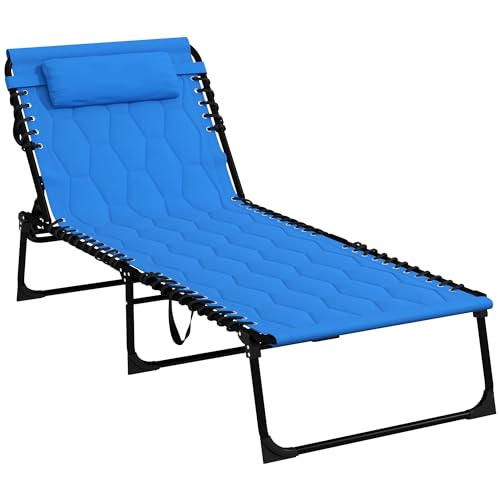 Outsunny Foldable Sun Lounger Set with 5-level Reclining Back, Outdoor Tanning Chairs Sun Loungers with Build-in Padded Seat, Side Pocket, Headrest for Beach, Yard, Patio, Blue
