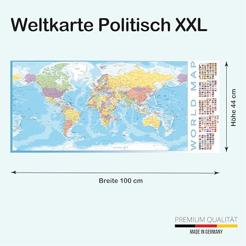 Politische Weltkarte Poster mit Fahnen XXL 100 x 44 cm Detailierte World Map Karte mit Länder-Flaggen Landkarte Hochwertiger Premium Druck 170 g Papier