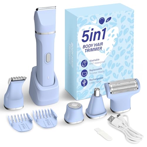 KINGTEE 5-in-1 Electric Bikini Trimmer for Women – IPX7 Waterproof Shaver, Cordless Body & Facial Razors for Women, Ceramic Blades, USB-C Rechargeable, Painless Hair Removal Kit (Blue)