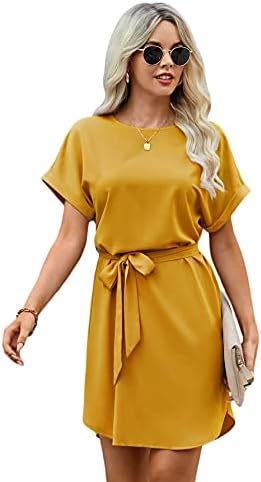 Floerns Women’s Casual Short Sleeve Round Neck Belted Tunic Short Dress