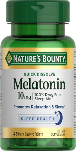Natures Bounty Melatonin 100% Drug Free Sleep Aid Dietary Supplement Promotes Relaxation and Sleep Health 10mg 45 Quick Dissolve Tablets