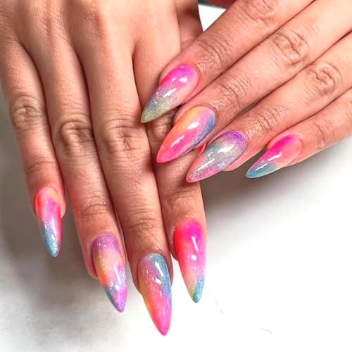 24Pcs Colorful Press on Nails Long Almond Acrylic False Nails Full Cover Glossy Gradient Design Glue on Nail Reusable for Women