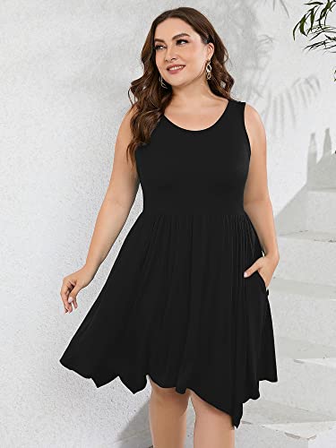 Image of AusLook Plus Size Summer Tank Dress for Women Casual Sleeveless Crewneck Pleated Babydoll Swing Sundresses with Pockets 1X-5X