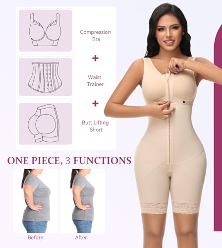 Image of M MYODRESS Fajas Colombianas Full Body Shaper Tummy Control with bra | 69% Nylon 31% Spandex, 3 Adjustable hooks and strap, semi-detachable chest design for postpartum, breastfeeding, all day wear
